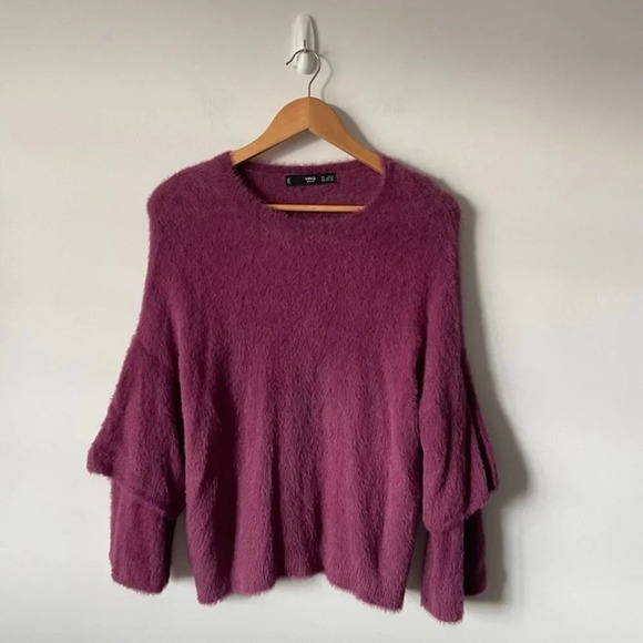 Mango  Soft Furry Knit Double Sleeve Sweater Pink Purple Size XS/Small - Picture 1 of 5